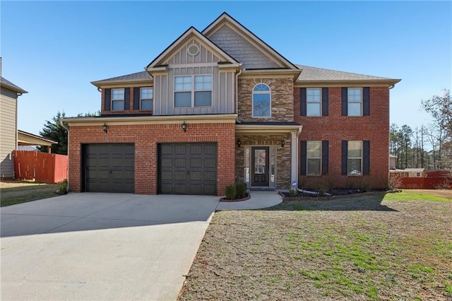 view of front facade with an attached garage, brick siding, board and batten siding, and concrete driveway