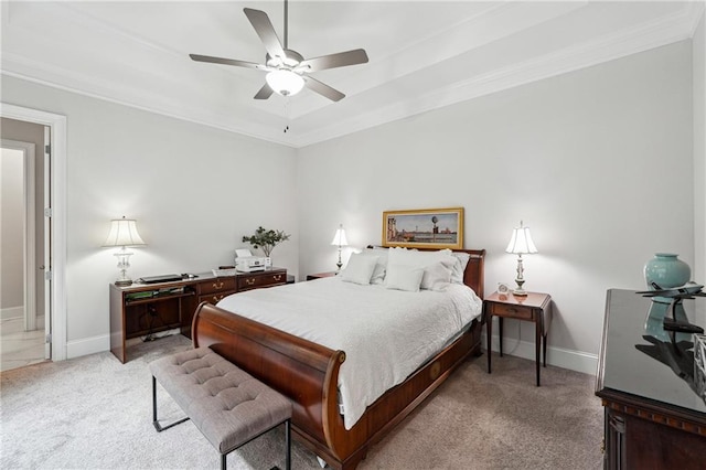bedroom with crown molding, carpet, and ceiling fan