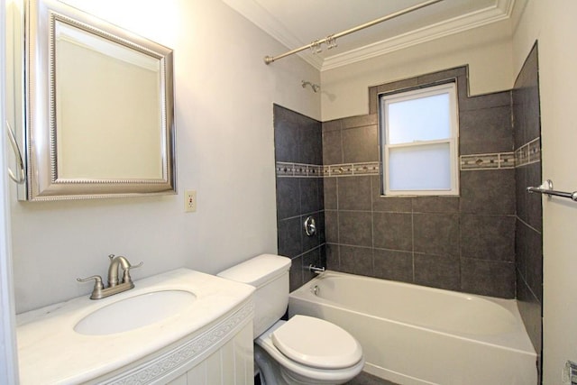 full bath featuring  shower combination, ornamental molding, vanity, and toilet