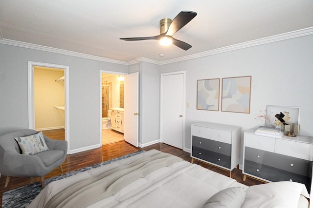 bedroom with ensuite bathroom, ceiling fan, wood finished floors, baseboards, and ornamental molding