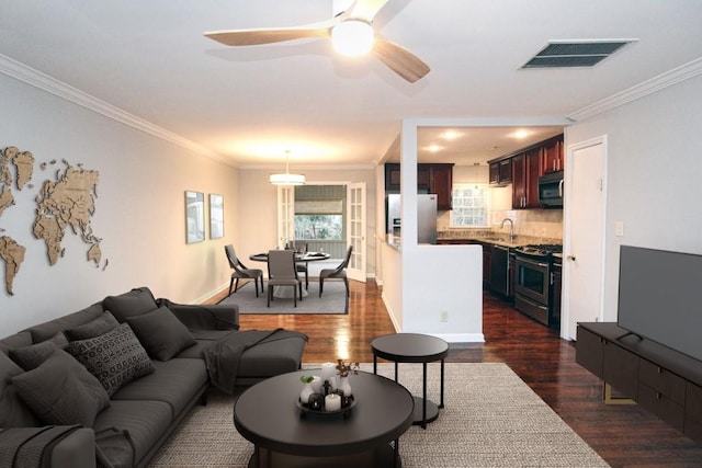 living area with ceiling fan, visible vents, dark wood-style flooring, and ornamental molding