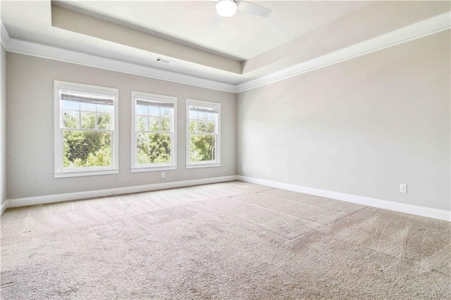 spare room with baseboards, crown molding, and a tray ceiling