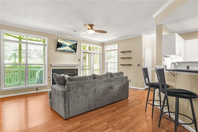 539 Mcgill Park Ave NE, Atlanta, GA 30312 - living room with crown molding, a ceiling fan, light wood-style floors, a fireplace, and baseboards