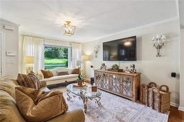 1600 Belle Isle Cir NE, Atlanta, GA 30329 - living room with crown molding, wood finished floors, and a chandelier