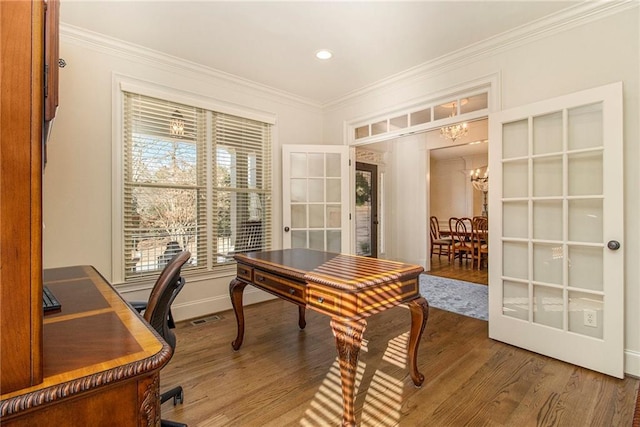 office space with ceiling fan, crown molding, and light hardwood / wood-style flooring