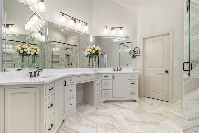 bathroom with ceiling fan, plus walk in shower, washing machine and dryer, vaulted ceiling, and tile walls