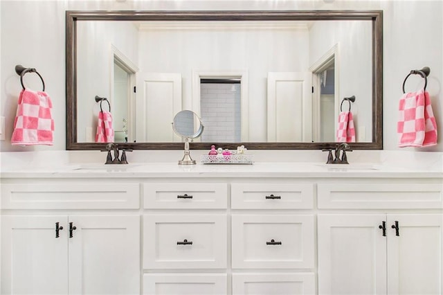 bathroom featuring ceiling fan, tile patterned flooring, vanity, and ornamental molding