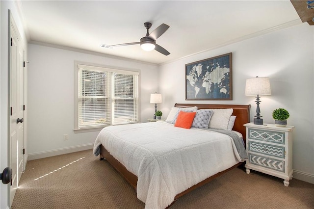 bedroom featuring carpet, ceiling fan, and ornamental molding