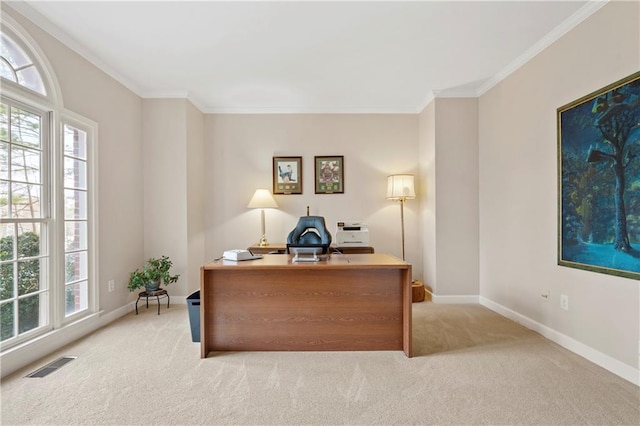 2287 Lake Ridge Ter, Lawrenceville, GA 30043 - home office with light colored carpet, plenty of natural light, and crown molding