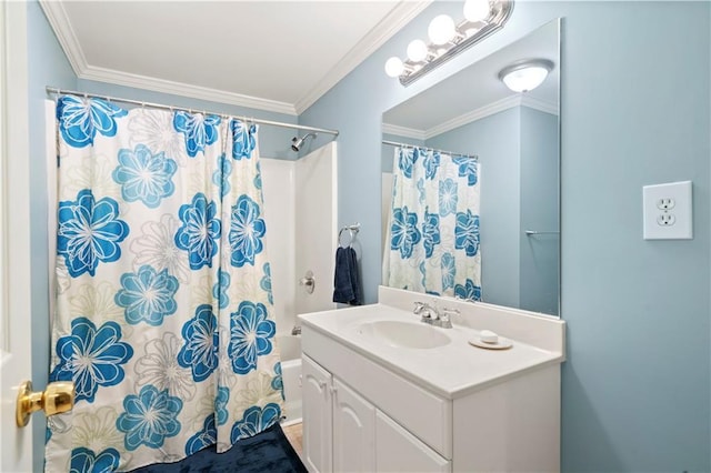 2287 Lake Ridge Ter, Lawrenceville, GA 30043 - bathroom with vanity, crown molding, and shower / tub combo with curtain