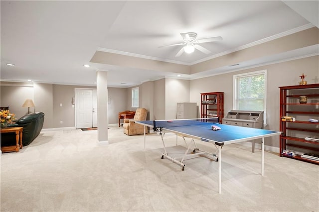 2287 Lake Ridge Ter, Lawrenceville, GA 30043 - game room with carpet flooring, ornamental molding, ceiling fan, and recessed lighting