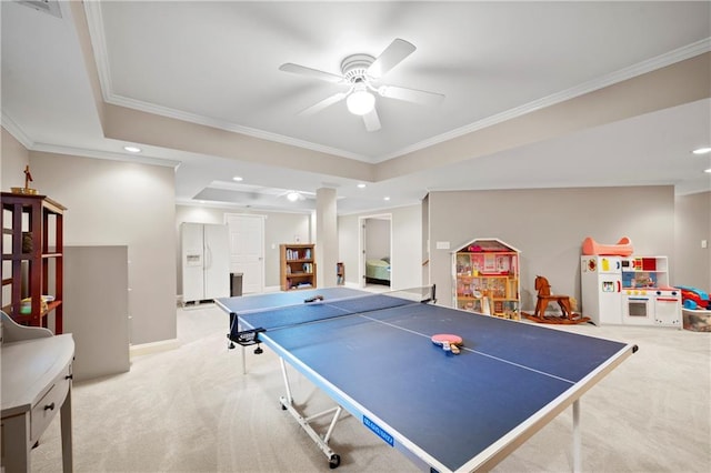 2287 Lake Ridge Ter, Lawrenceville, GA 30043 - rec room with carpet flooring, ornamental molding, a ceiling fan, a raised ceiling, and recessed lighting