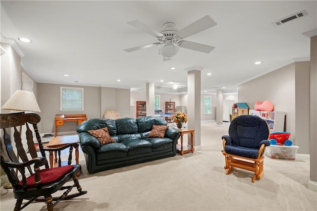 2287 Lake Ridge Ter, Lawrenceville, GA 30043 - carpeted living room with ornamental molding, recessed lighting, a ceiling fan, and plenty of natural light
