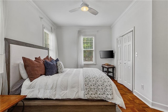 872 Briarcliff Rd NE Unit B2, Atlanta, GA 30306 - bedroom featuring ornamental molding, a closet, and a ceiling fan