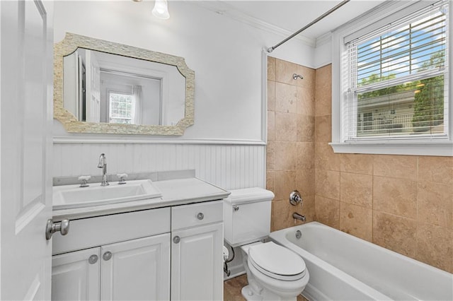 872 Briarcliff Rd NE Unit B2, Atlanta, GA 30306 - bathroom featuring vanity, bathtub / shower combination, crown molding, and a wainscoted wall