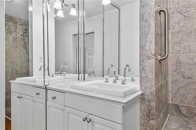 872 Briarcliff Rd NE Unit B2, Atlanta, GA 30306 - full bathroom with double vanity, a tile shower, crown molding, and a chandelier