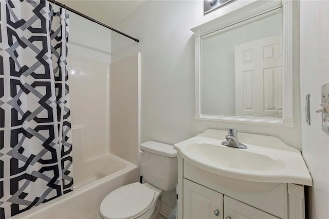 bathroom featuring toilet, shower / bathtub combination with curtain, and vanity