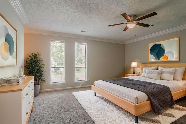 5383 Forest E Ln, Stone Mountain, GA 30088 - bedroom with light carpet, ornamental molding, a textured ceiling, and ceiling fan