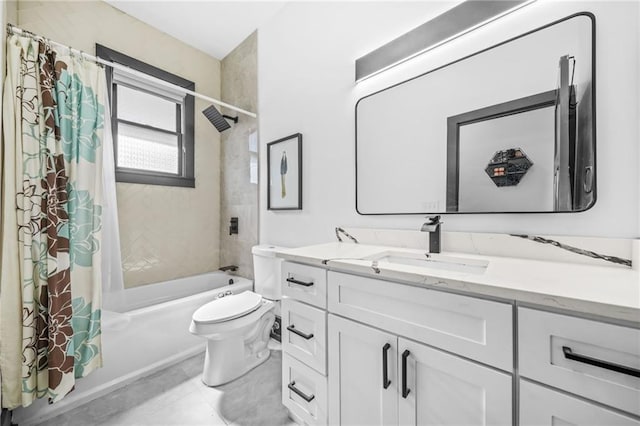 bathroom with toilet, vanity, and shower / tub combo with curtain