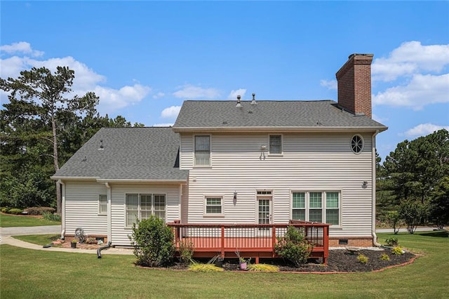 1644 Beaver Creek Ln, Snellville, GA 30078 - back of property featuring a wooden deck, a chimney, a lawn, roof with shingles, and crawl space