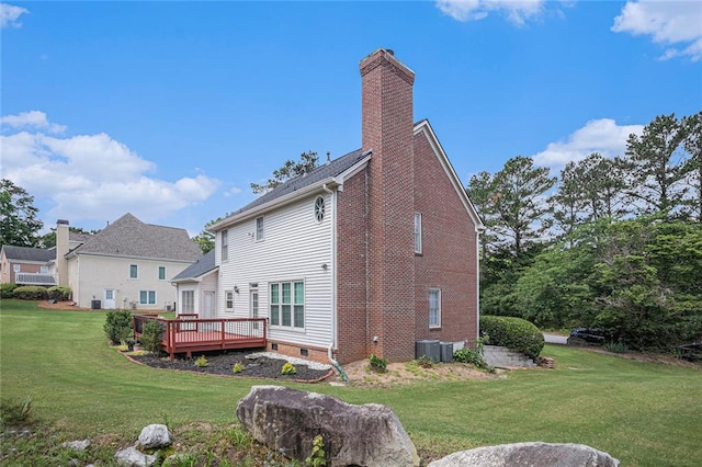 1644 Beaver Creek Ln, Snellville, GA 30078 - back of property with a yard, a wooden deck, a chimney, and crawl space