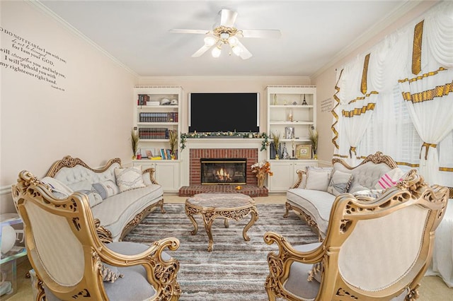 1644 Beaver Creek Ln, Snellville, GA 30078 - living area featuring a ceiling fan, ornamental molding, a brick fireplace, and built in features