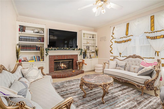 1644 Beaver Creek Ln, Snellville, GA 30078 - carpeted living area with crown molding, ceiling fan, and a fireplace