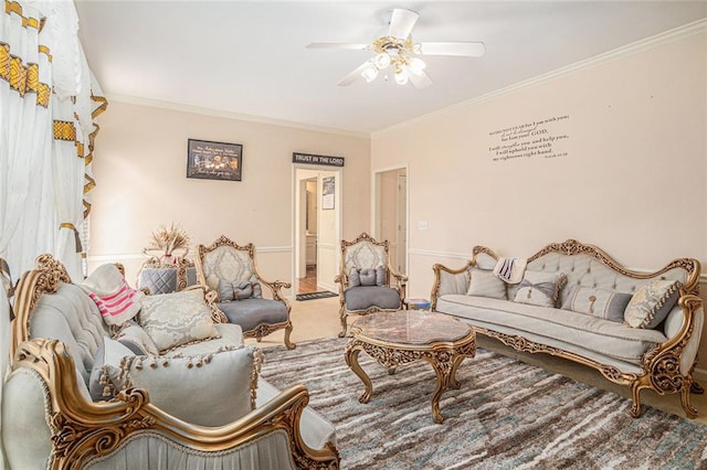 1644 Beaver Creek Ln, Snellville, GA 30078 - living area featuring a ceiling fan, crown molding, and carpet flooring