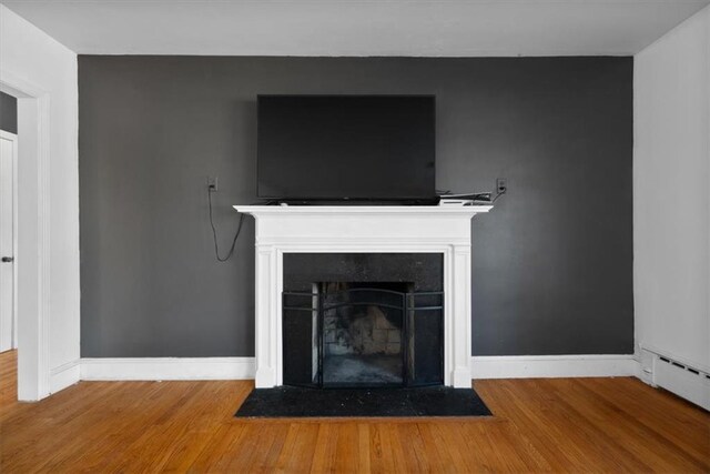 details with a fireplace with flush hearth, baseboard heating, baseboards, and wood finished floors