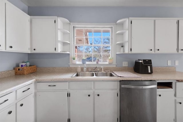 kitchen with open shelves, white cabinets, dishwasher, and light countertops