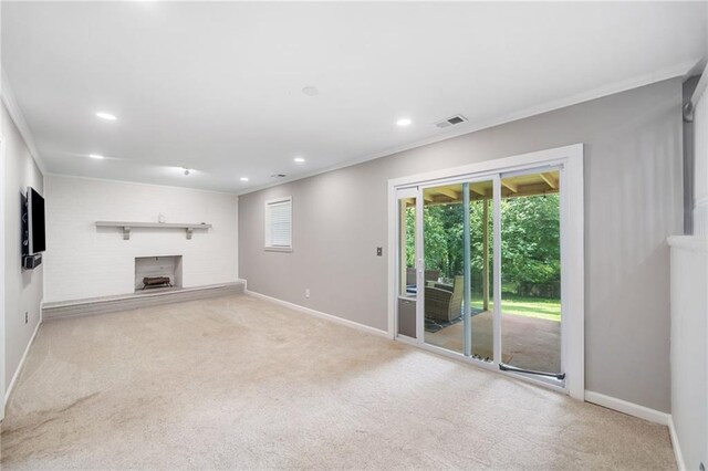2941 Foothill Trl, Marietta, GA 30066 - unfurnished living room with crown molding, a fireplace with raised hearth, carpet flooring, and recessed lighting