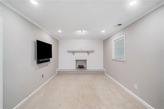 2941 Foothill Trl, Marietta, GA 30066 - unfurnished living room with recessed lighting, a fireplace with raised hearth, crown molding, and carpet