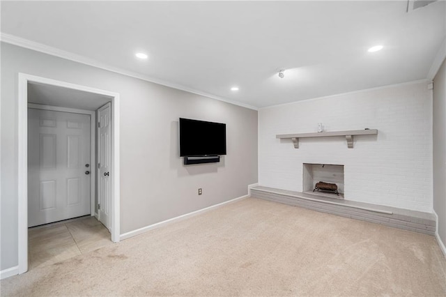 2941 Foothill Trl, Marietta, GA 30066 - unfurnished living room featuring carpet flooring, a fireplace with raised hearth, crown molding, and recessed lighting