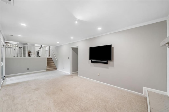 2941 Foothill Trl, Marietta, GA 30066 - unfurnished living room with crown molding, carpet flooring, recessed lighting, and stairs