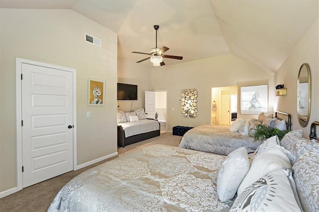 bedroom featuring lofted ceiling, ceiling fan, and light colored carpet