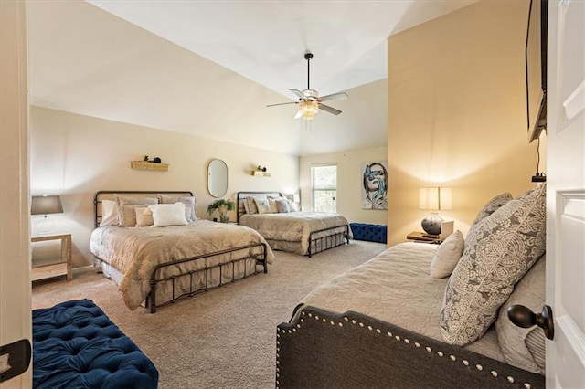 carpeted bedroom with lofted ceiling and ceiling fan