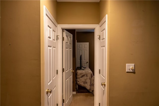 hallway featuring light carpet