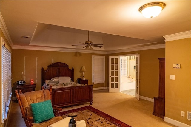 bedroom with baseboards, french doors, ornamental molding, and light colored carpet