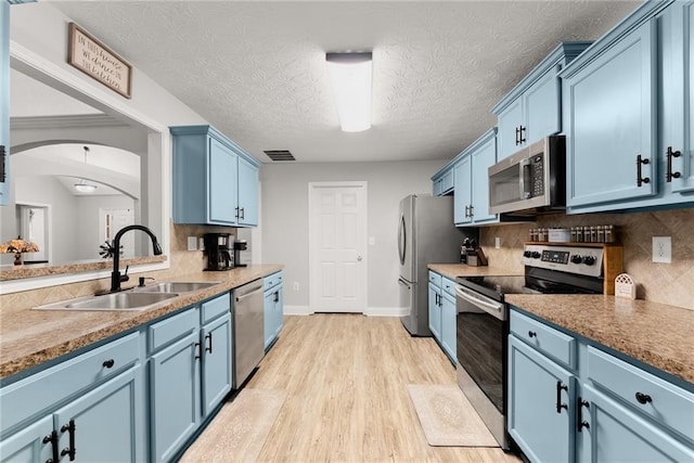 1338 Jefferson Station Rd, Jefferson, GA 30549 - kitchen featuring a sink, stainless steel appliances, blue cabinets, and visible vents