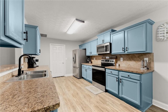 1338 Jefferson Station Rd, Jefferson, GA 30549 - kitchen with a sink, light wood-style flooring, appliances with stainless steel finishes, backsplash, and blue cabinetry