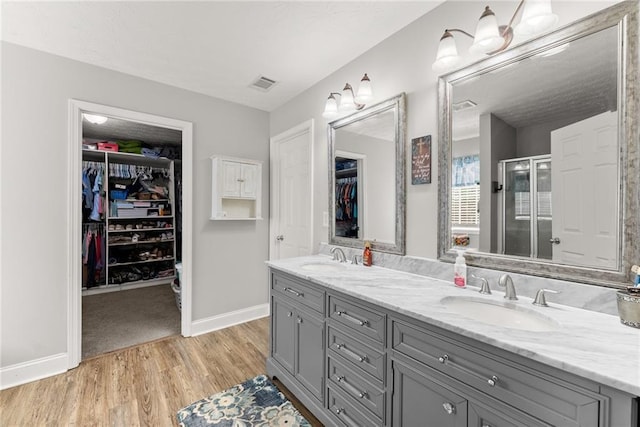 1338 Jefferson Station Rd, Jefferson, GA 30549 - bathroom featuring double vanity, visible vents, a sink, and wood finished floors