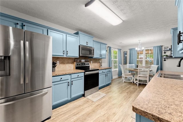 1338 Jefferson Station Rd, Jefferson, GA 30549 - kitchen with blue cabinetry, appliances with stainless steel finishes, tasteful backsplash, a sink, and light wood-style floors
