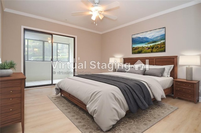 bedroom with light wood-style floors, access to outside, ornamental molding, and a ceiling fan