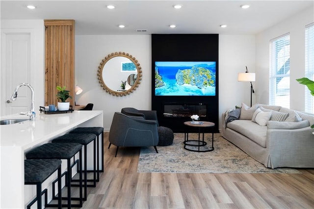 living room with sink and light hardwood / wood-style flooring