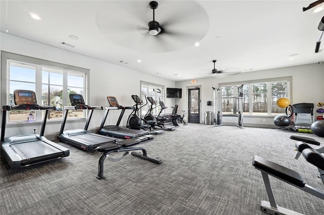 workout area with carpet, plenty of natural light, and recessed lighting