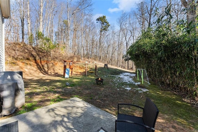 view of yard with a patio and a fire pit