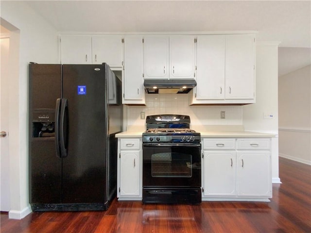 kitchen featuring backsplash, dark wood-type flooring, white cabinets, and black appliances