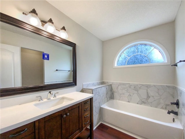 bathroom with wood-type flooring, vanity, tile walls, and a bathing tub