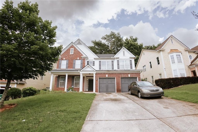 view of front facade featuring a garage, concrete driveway, brick siding, and a front yard