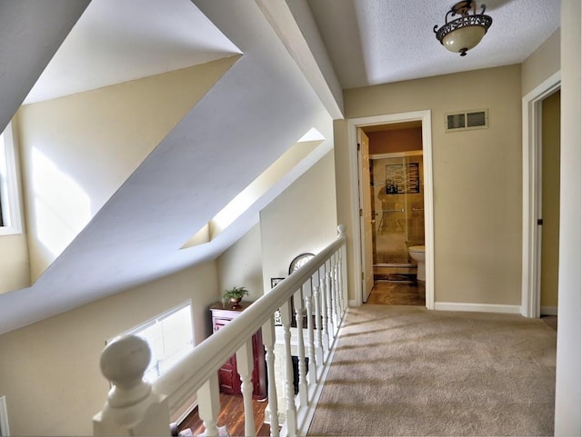 hall featuring a skylight, light carpet, and a textured ceiling